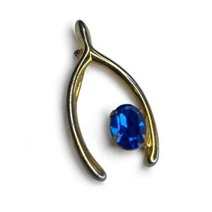Vintage Goldtone Wishbone Brooch Pin Blue Stone 1.25"